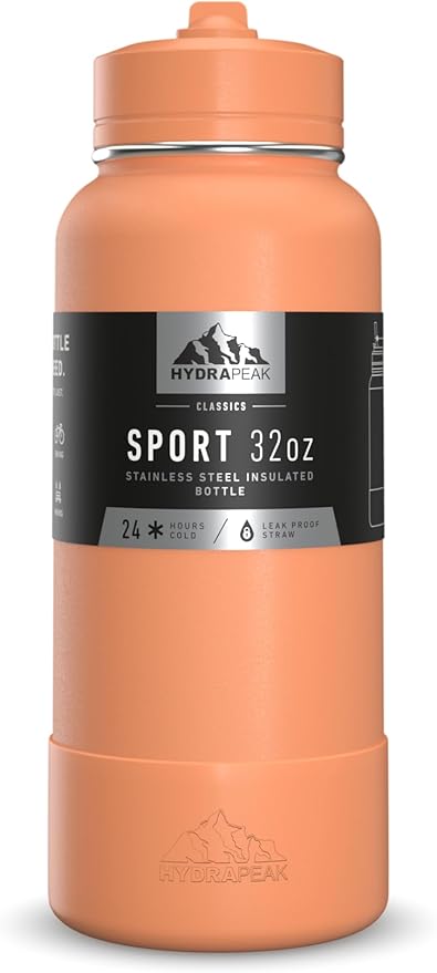 Hydrapeak 32oz Sport Insulated Water Bottle with Straw or Chug Lid, Leak & Spill Proof, Keeps Drinks Cold for 24 Hours, Hot for 12 Hours, Premium Stainless Steel Water Bottles (32oz, Apricot Crush)