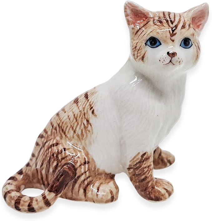 WitnyStore Tiny 2¼" Brown White Tabby Shorthair Cat Sitting Look Right Figurine - Miniature Hand Made Painted Ceramic Cats Kitten Feline Animal Cute Porcelain Decorative Collectible Figure Décor Gifts