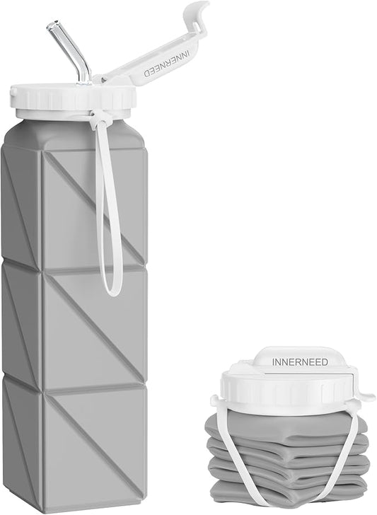 INNERNEED Collapsible Drinking Water Bottle with Straw, Reuseable Leakproof BPA Free Silicone Foldable Sports Gym Bottle, with Carrying Strap (1pack, Dark Gray)