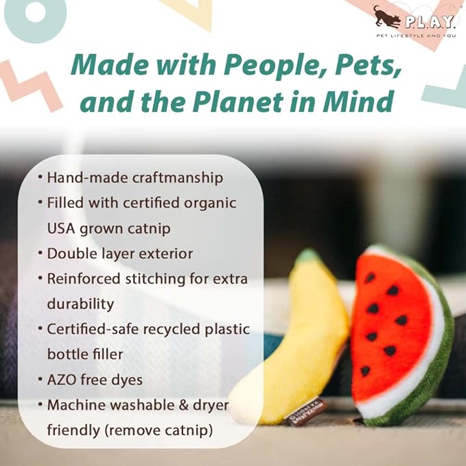 P.L.A.Y. Cute Cat Toys - Feline Frenzy Fruit Food Themed Organic Catnip Filled Toy, Great for Adult Cats and Kittens - Machine Washable, Recycled Materials, Crinkles (Tutti Fur-utti, Set of 2)