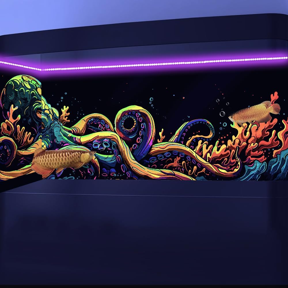 48X24IN Blacklight Octopus Sea Monster HD 3D Black Light Aquarium Background UV Reactive Background Terrarium Background with 10 EVA Double-Sided Tape