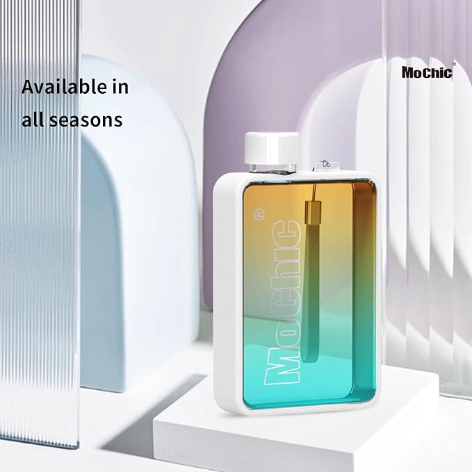 Mochic 13oz Portable Water Flask Flat Water Bottle for Purse Mug BPA Free A5 Slim Square Water Bottle Flask Leak Proof Plastic Flask Bottle for Travel (Gradient White)