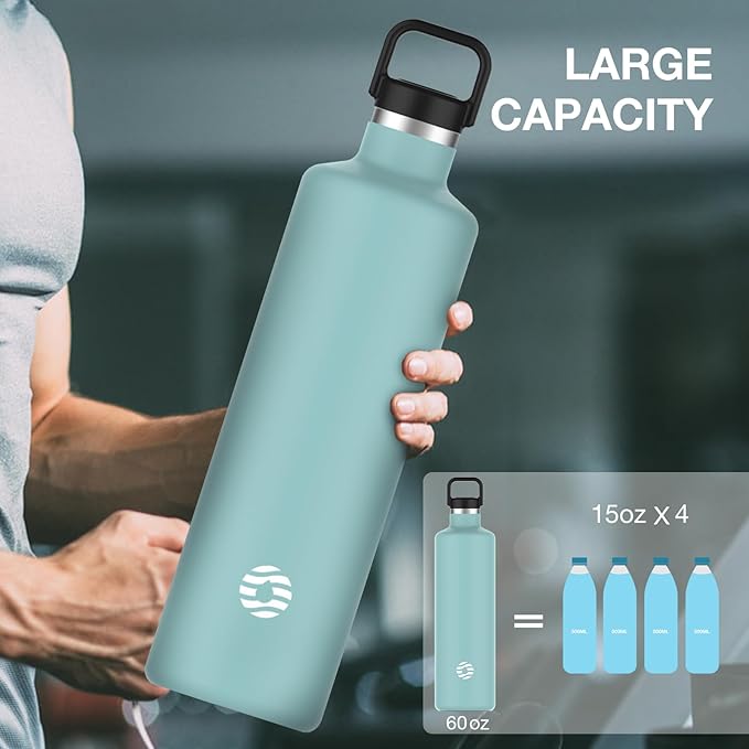 60oz Water Bottle with Carrier Bag, Large Insulated Water Bottle, Stainless Steel Water Bottles, Double Walled Insulated Thermo for Hot Drinks/Cold Drinks, Great for Gym, Hiking, Camping (Teal Blue)