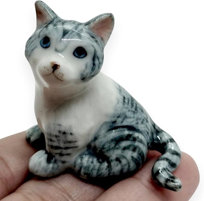 WitnyStore Tiny 1½" Gray White Tabby Shorthair Cat Sitting Look Left Figurine - Miniature Hand Made Painted Ceramic Cats Kitten Feline Animal Cute Porcelain Decorative Collectible Figures Décor Gifts