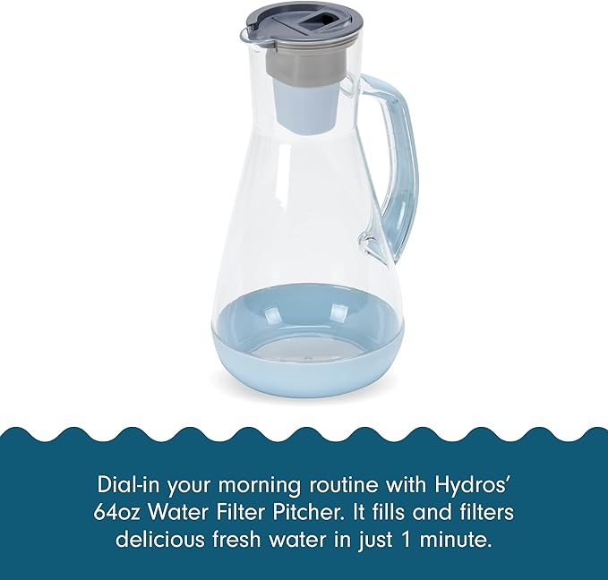 Hydros 64 Ounce Water Filter Pitcher with Patented Fast Flo Tech, 60 Second Quick Fill-Up and BPA-Free Recyclable Filter, Eight Cup Capacity, Blue
