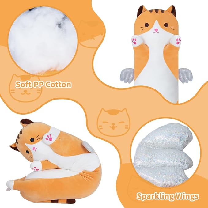 Long Cat Plush Body Pillow, Cute Cat Plush Toy Pillows with Wings, Stuffed Animals Kitten Soft Plushies Gifts for Kids Girls Girlfriend(Yellow, 27.6in/70cm)
