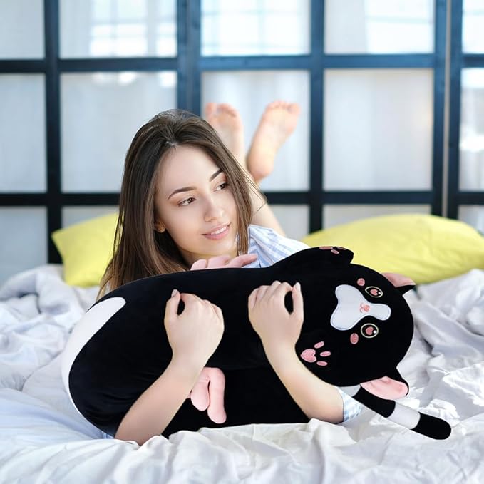 Long Plush Toy Cat Pillow Cute Plush Cat Toy Doll Stuffed Animal Cat Hugging Pillow for Sleeping Gift for Kids and Girls(Black&Pink,110cm/43.3in)