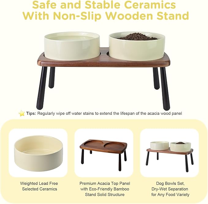 SPUNKYJUNKY Ceramic Elevated Dog Bowls Raised with Acacia Bamboo Wooden Stand, 8.3'' Dog Food Water Bowls Set Non-Slip for Medium Large Sized Breed Microwave Dishwasher Safe - 60 OZ,Beige