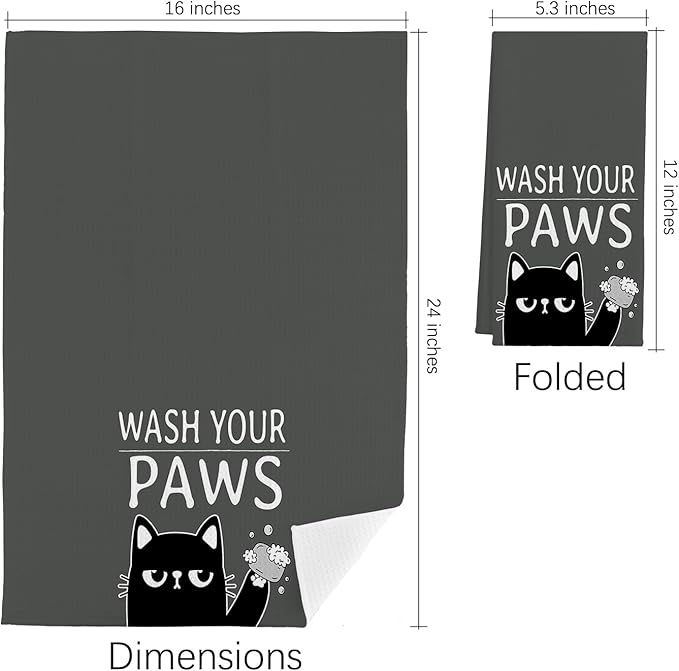 QIYUHOY Black Cat Dish Towels and Cloths, Wash Your Paws, Cat Theme Gifts for Lovers, Hand Towels, 24x16 Inch (Gray)