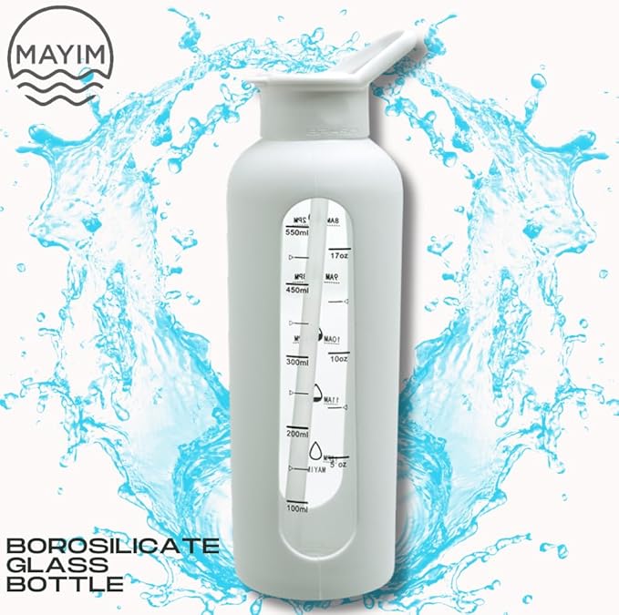 Mayim 24 Oz Glass Tumbler with Straw and Handle, Reusable Motivational Glass Water Bottle with Silicone Sleeve and Time Marker, Leak Proof Borosilicate Water Bottle -White