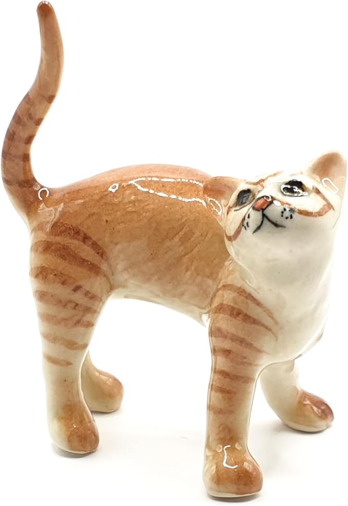 WitnyStore Tiny 2" Brown White Tabby Shorthair Cat Standing Look Up Figurine - Miniature Hand Made Painted Ceramic Cats Kitten Feline Animal Cute Porcelain Decorative Collectible Figurines Décor Gifts
