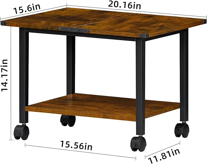 Lerliuo Under Desk Printer Stand, 2-Tier Industrial Mobile Printer Table with Storage Shelf and Steel Frame, Rolling Printer Cart Holder with Lockable Wheels for Home, Office (Rustic Brown)