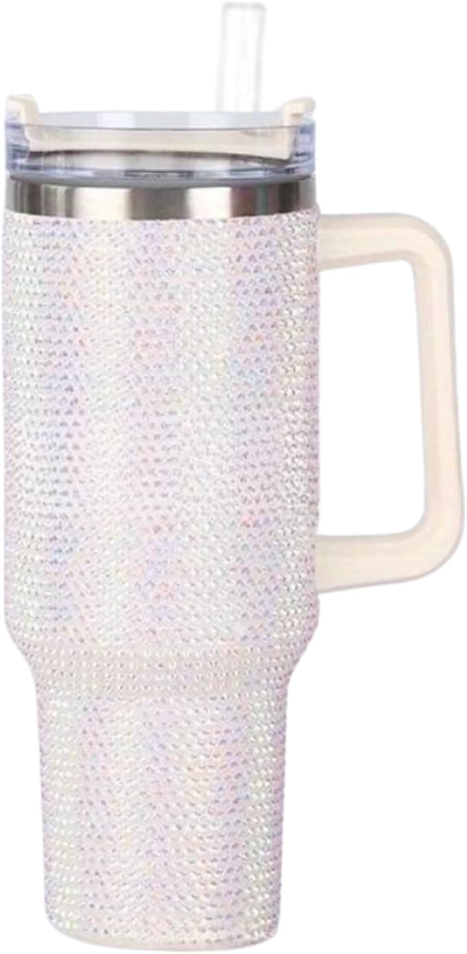 Lashicorn White Rhinestone 40 oz. Tumbler with Handle and Straw Lid Bling Tall Jewel Cup Gift Light Insulated Iridescent