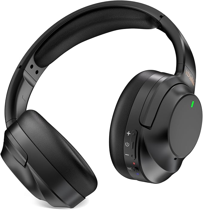 iDiskk E11 Hybrid Active Noise Cancelling Headphones, Wireless Bluetooth Headphones, with Microphone Deep Bass, 60H Playtime,Hi-Res Audio Wireless Headsets for Flight Trips,Studying (Green Stripe)