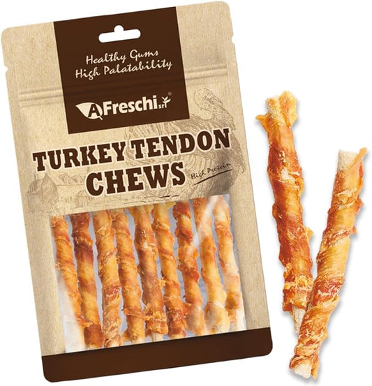 AFreschi Turkey Tendons for Dogs, USA-Sourced, Healthy Dog Treats, Rawhide-Free Puppy Chews, All Natural, Hypoallergenic Dog Treats, Classic Series, Turkey Tendon Wrapped Brown Rice Stick, 3.5 oz Pack