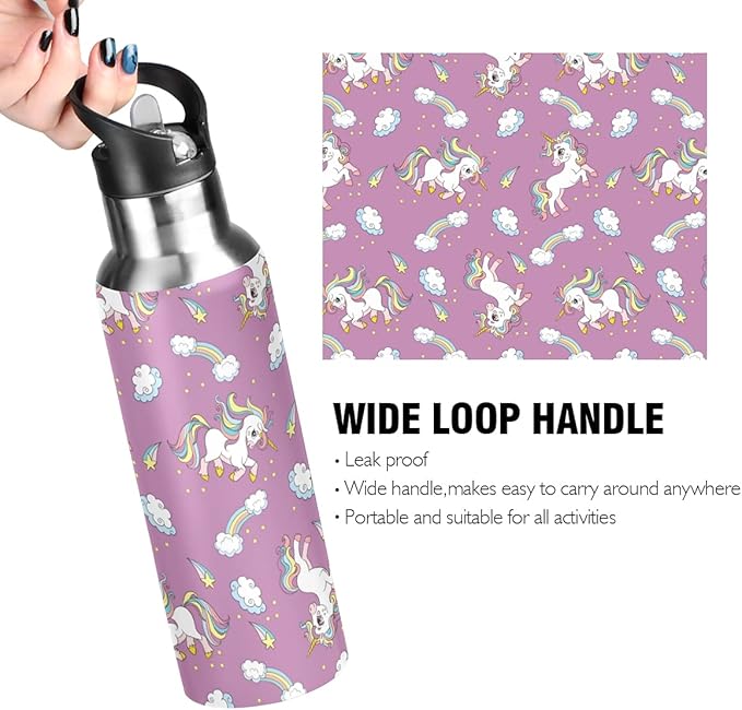 MNSRUU Insulated Water Bottle with Straw, Rainbow and Unicorns Stainless Steel Flasks for Sports Cycling Hiking School