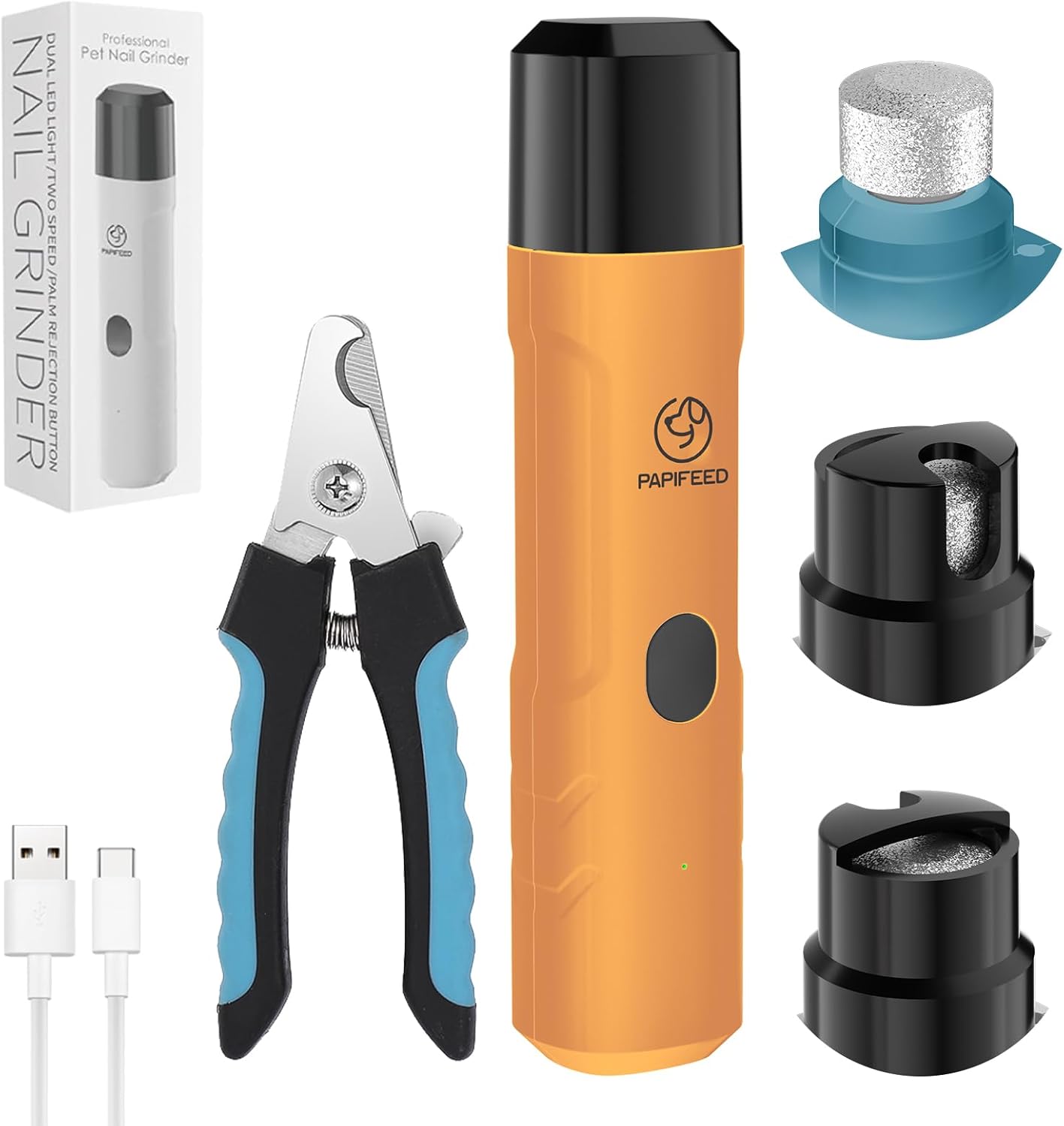 PAPIFEED Pet Nail Grinder for Dogs,3-Speed Rechargeable Dog Nail Trimmers and Professional Clippers,Paws Grooming Kit for Small Medium Large Dogs Cats - Orange
