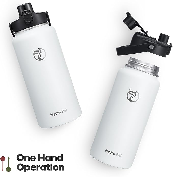 HydroPal Half Gallon Insulated Water Bottle with 2-in-1 Lid (Chug Lid/Straw Lid), 64oz Double Walled Vacuum Stainless Steel Water Bottles, Water Jug with Straw (Winter White, 64 OZ)