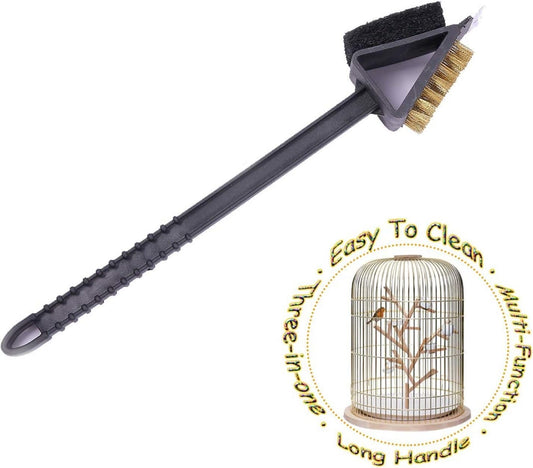 QBLEEV Stainless Steel Triangle Long Bird Cleaning Brush, Multi-Function Three-in-one Long Handle Brush, Pet Supply Cage Accessory for Parrot Birds
