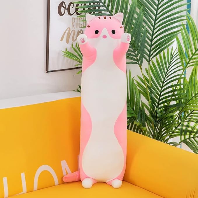 Long Pink Cat Plush Pillow Toy Sleeping Pillow Cute Cartoon Cat Stuffed Animals Soft Long Body Pillow Gift for Kids(35.43in)