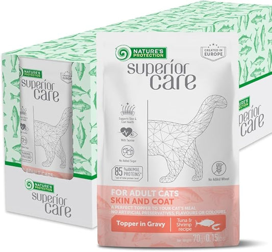 Nature's Protection Wet Cat Food in Gravy - Natural, High Protein, Soft Tuna Fish & Shrimp Shreds for Adult Cats - Can-Free Convenient Pouches 2.46-oz (Superior Care - 24 Pack)