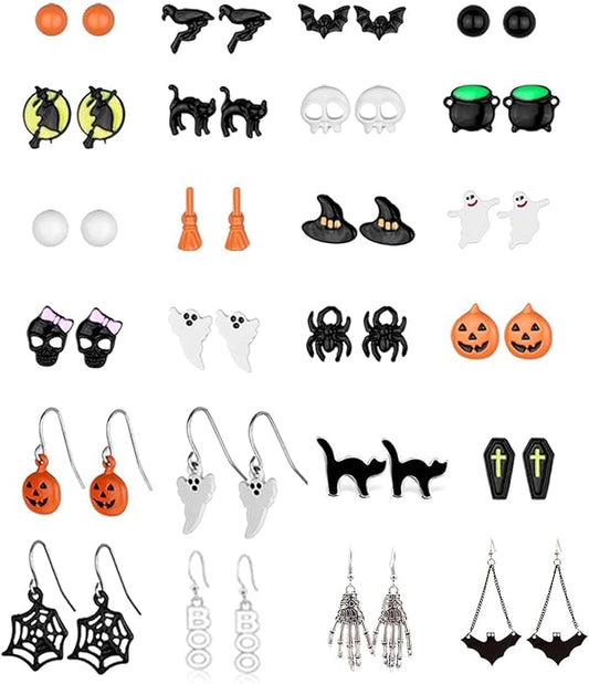 5-26Pairs Halloween Thanksgiving Fall Christmas Theme Earrings Set Holiday Earrings Halloween Stud Earrings Set Spider Pumpkin Ghost Bat Web Skull Drop Earring Holiday Jewelry Gifts