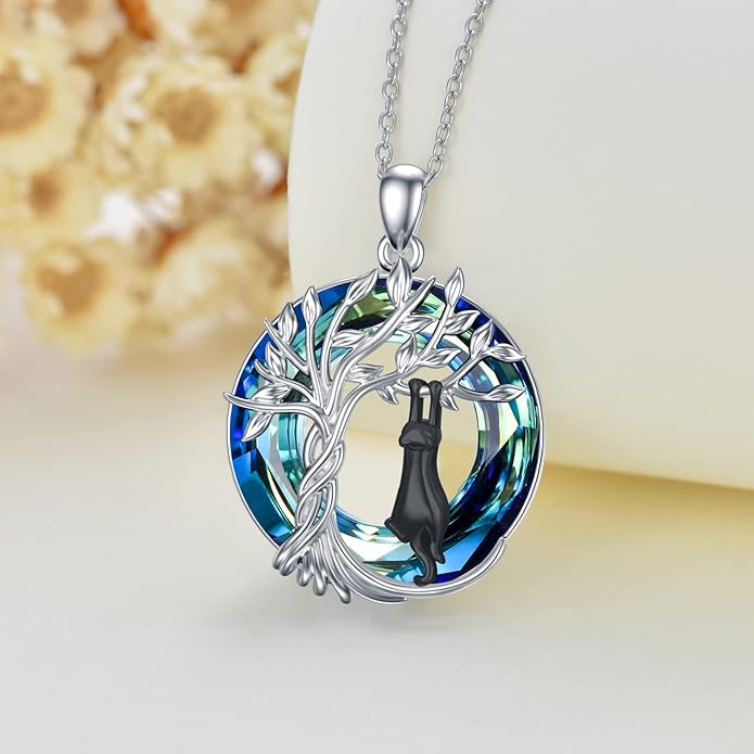 TOUPOP Cat Gifts for Cat Lovers Sterling Silver Cute Cat Tree of Life Pendant Necklace with Blue Circle Crystal Birthday Christmas Jewelry Gifts for Women