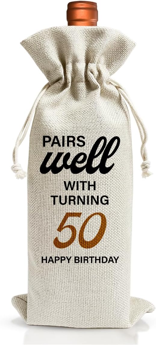 50th Birthday Wine Gift Bag For Best Friend Mom Dad Women Men, 1974 Birthday Idea Gift, 50th Anniversary Wine Bag, 50th Birthday Party Decor, Drawstring Burlap Wine Bottle Bag