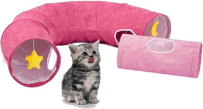 Cat Tunnel, Large Indoor Durable Collapsible Interactive Cat Tube with Peek-A-Boo Hole, Hanging Toys, and Crinkly Paper Lining - Cute Tunnel for Cats, Kittens, Puppies & Rabbits, Pink