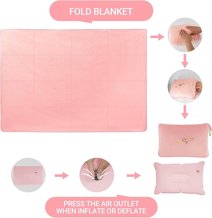 3 in 1 Travel Pillow and Blanket Set, Premium Soft 300 GSM Thick Airplane Blanket Compact with Bag for Long Trips Essentials, Hand Luggage Sleeve and Backpack Clip (Pink)