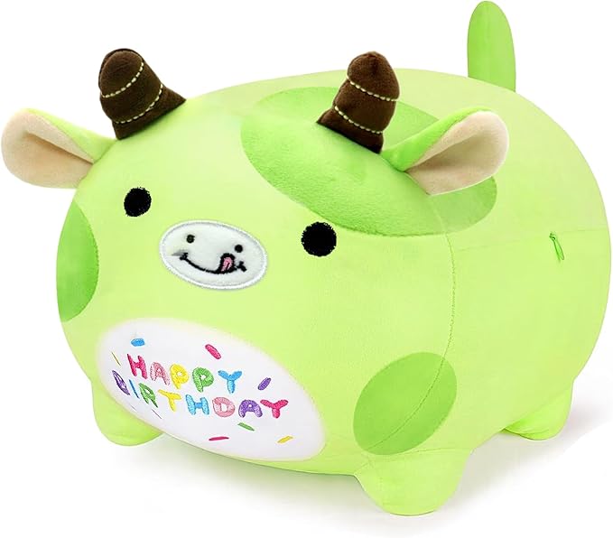 Birthday Cow Plush Pillow Stuffed Animal Toy, Green Birthday Cartton Cow Plush Stuffed Animals, Soft Animal Plush Pillow for Kids(Cow, 25cm/9.8inch)
