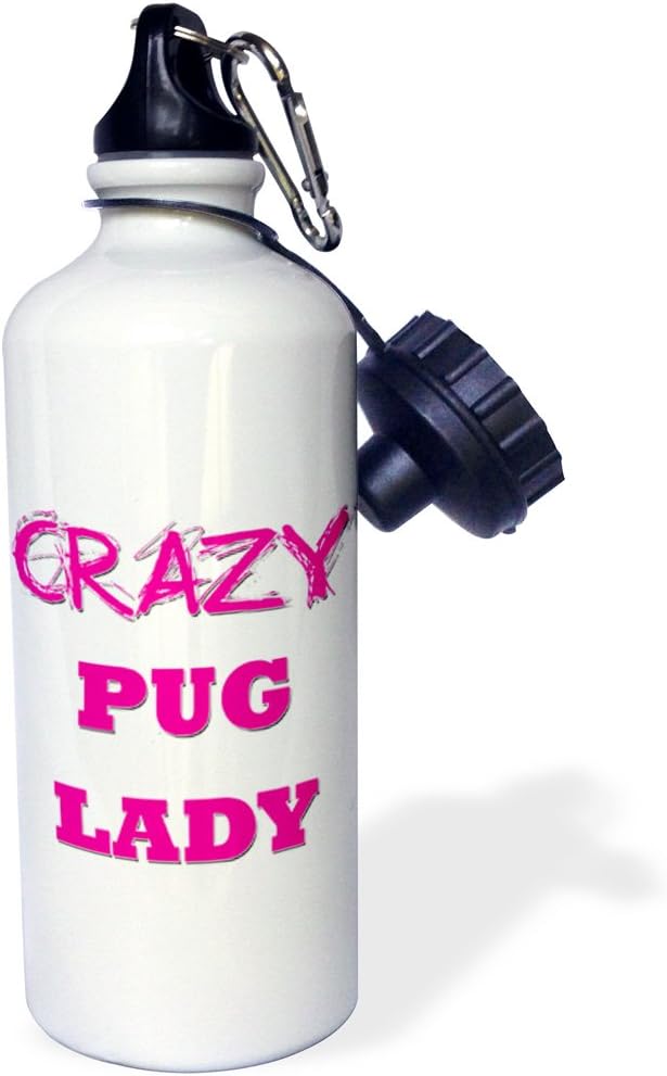 3dRose Crazy Pug Lady-Sports Water Bottle, 21oz , 21 oz, Multicolor