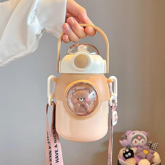 Kawaii Water Bottle with Straw,Travel Cute Water Bottles with Adjustable Strap Leak Proof BPA Free Wide Mouth Water Cup with Lid for Girls, School (Purple)