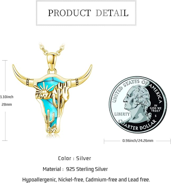 Midir&Etain Western Necklace 925 Sterling Silver Turquoise Pendant Cow Skull/Hat/Tag/Cactus Cowgirl Country Jewelry for Women Men