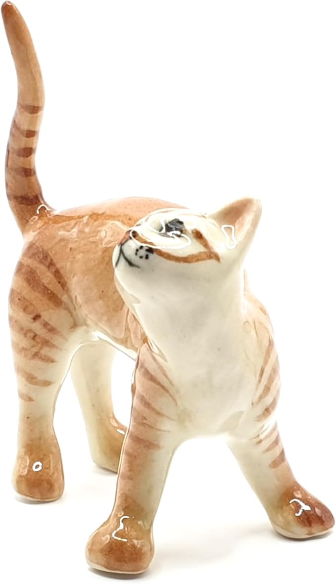 WitnyStore Tiny 2" Brown White Tabby Shorthair Cat Standing Look Up Figurine - Miniature Hand Made Painted Ceramic Cats Kitten Feline Animal Cute Porcelain Decorative Collectible Figurines Décor Gifts