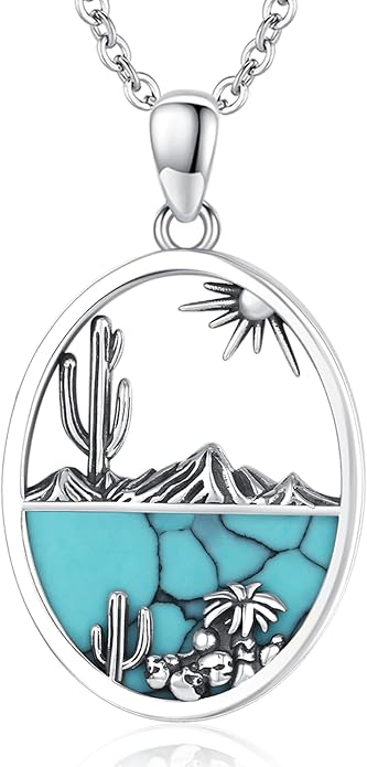 Midir&Etain Western Necklace 925 Sterling Silver Turquoise Pendant Cow Skull/Hat/Tag/Cactus Cowgirl Country Jewelry for Women Men