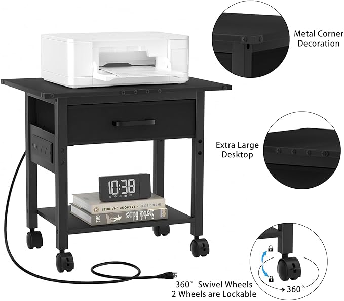 Lerliuo Under Desk Rolling Printer Stand with Charging Station and USB Ports, 2-Tier Printer Table Desk with Fabric Drawer, Printer Cart Holder with Lockable Wheels for Home, Office (Black)