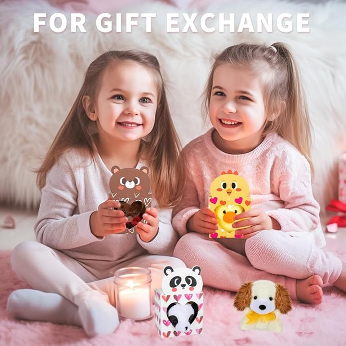 Sofier Valentines Day Gifts for Kids Classroom 24 Pack Valentines Card Boxes with Heart Window Mini Animal Toys Keychains Bulk for Boys Girls Classroom Exchange Party Favor School Teacher Student