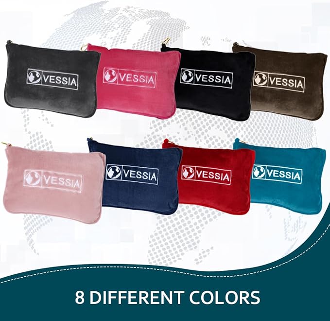 Vessia Travel Blanket for Airplane, Train and Car, Warm and Soft Travel Blanket in Bag for Adults and Kids, Portable Compact Long Flight Blanket with Luggage Sleeve, Backpack Clip(Lake Blue)