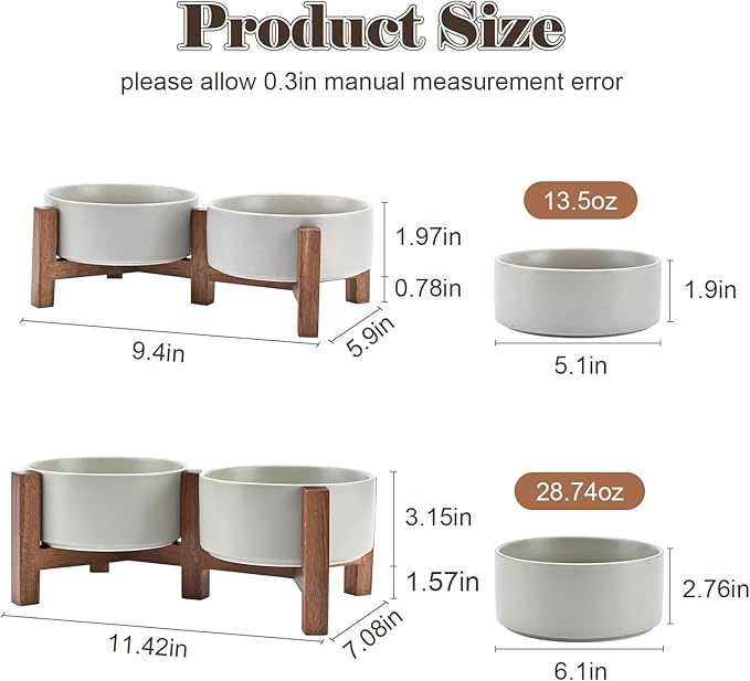 SPUNKYJUNKY Ceramic Dog Bowls Set with Acacia Wood Stand - Raised Dog Food and Water Bowl for Small Dogs (13.52 OZ, Gray)