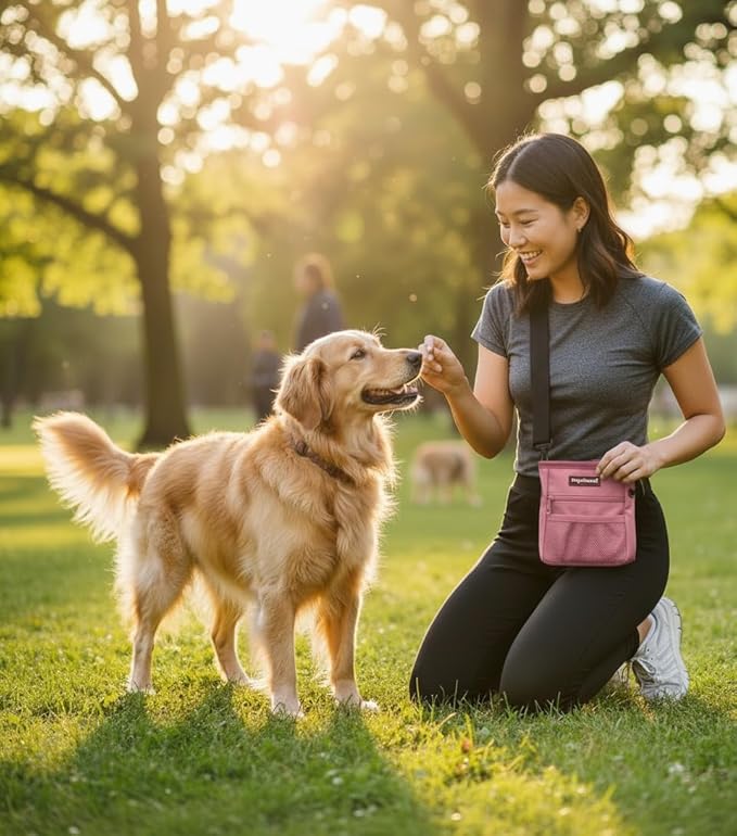 Dog Treat Pouch, Durable Oxford Polyester, No-Spill Magnetic Closure, Treat Pouches for Pet Training with Metal Clip, Waist Belt, Adjustable Strap, Poop Bag Dispenser (Light Pink)