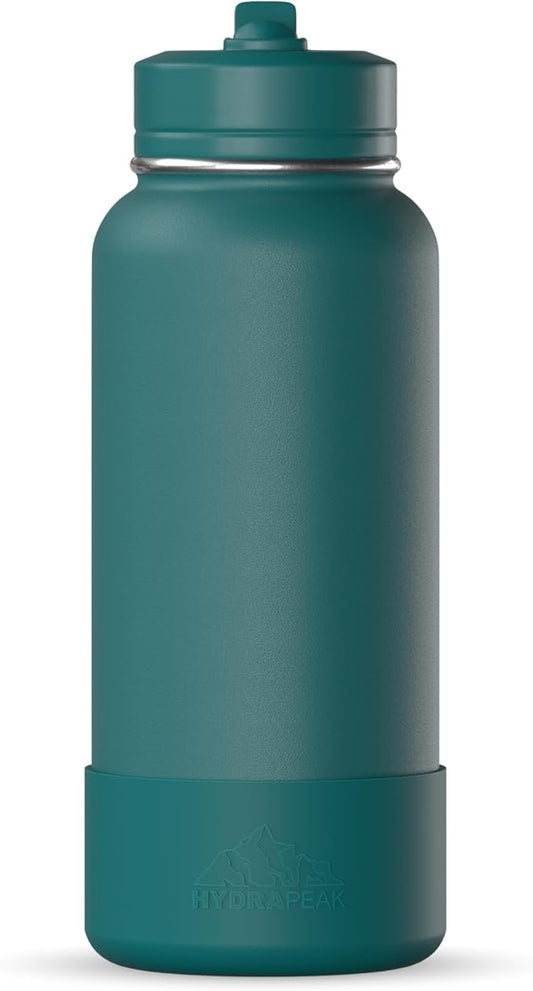 Hydrapeak 32oz Sport Insulated Water Bottle with Straw or Chug Lid, Leak & Spill Proof, Keeps Drinks Cold for 24 Hours, Hot for 12 Hours, Premium Stainless Steel Water Bottles (32oz, Aegean)