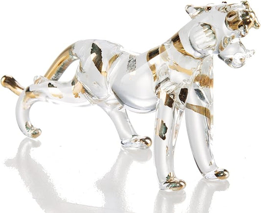WitnyStore Tiny 4" Long Clear Gold Standing Tiger Roaring Figurine - Miniature Hand Blown Painted Glass Panthera Wild Cat Small Crystal Wildlife Animals Decorative Collectible Figurines Décor Gifts
