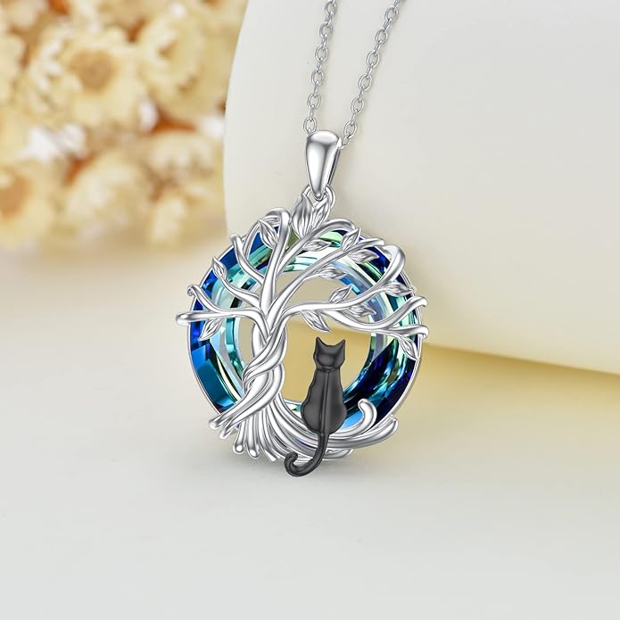 TOUPOP Cat Gifts for Cat Lovers Sterling Silver Cute Cat Tree of Life Pendant Necklace with Blue Circle Crystal Birthday Christmas Jewelry Gifts for Women