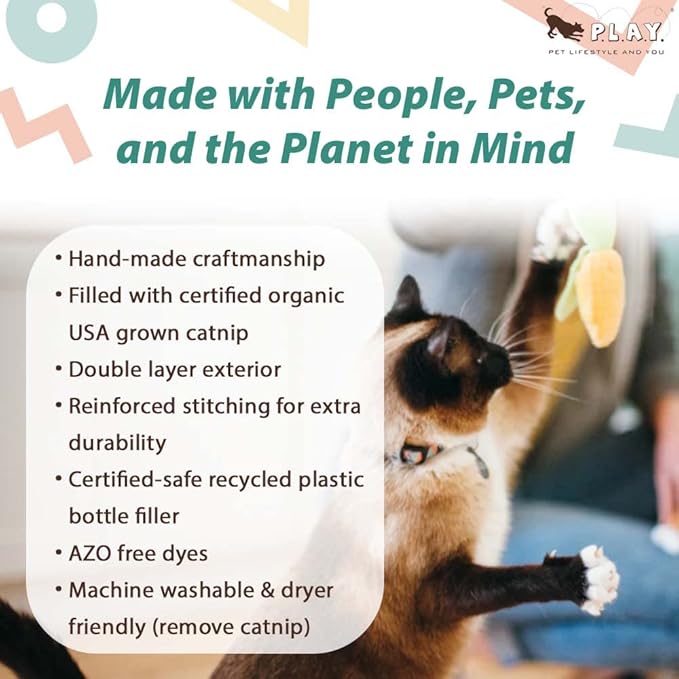 P.L.A.Y. Cute Cat Toys - Feline Frenzy Picnic Food Themed Organic Catnip Filled Toy, Great for Adult Cats and Kittens - Machine Washable, Recycled Materials, Crinkles (Purrfect Picnic, Set of 2)