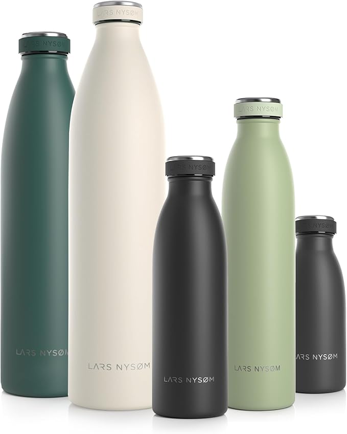 LARS NYSØM Stainless Steel Insulated Water Bottle 12oz 17oz 25oz 34oz 51oz | BPA-free Insulated Thermo Flask for Hot and Cold Beverages | Leakproof Drinking Bottle (Onyx Black, 17oz)