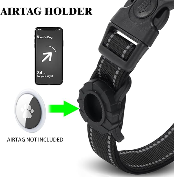 JSXD AirTag Dog Collar, Night Reflective Nylon Dog Collar for Small Medium Large Dogs,Lockable Quick Release Buckle,Padded Breathable Pet Collar with AirTag Holder (Black, Small)