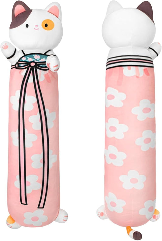 70cm Long Cat Plush Body Pillow - 28' Cherry Blossom Cute Cat Plush Soft & Huggable Throw Pillow for Girls, Boys & Lovers - Pink, 27.6in/70cm