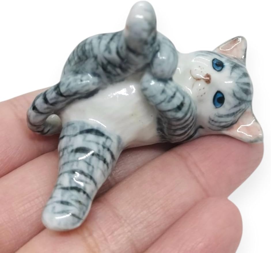 WitnyStore Tiny 1¾" Long White Gray Tabby Shorthair Cat Lying Leg Up Figurine - Miniature Hand Made Painted Ceramic Cats Kitten Feline Animals Cute Porcelain Decorative Collectible Figure Décor Gifts