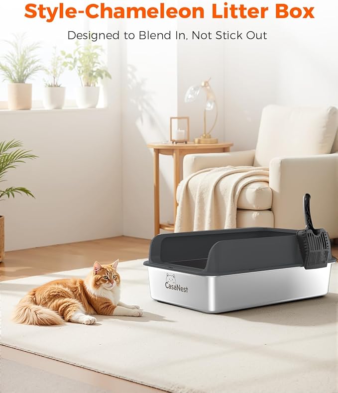 XXXL Stainless Steel Cat Litter Box with Lid 28.1''×20.5''× 10.1” Extra Large Metal Cat Litter Box for Big, Multi Cats, Anti-Leakage & Non-Stick Metal Pan, Easy to Clean, Durable (Black